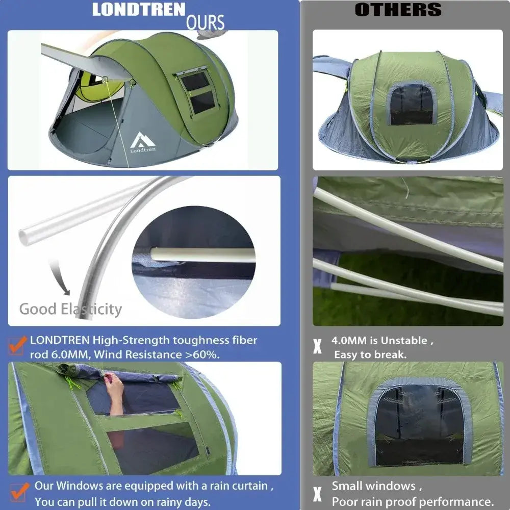 Tienda de campaña fácil de desplegar para 4 personas, configuración automática impermeable, 2 puertas, tiendas familiares instantáneas para acampar, senderismo y viajar
