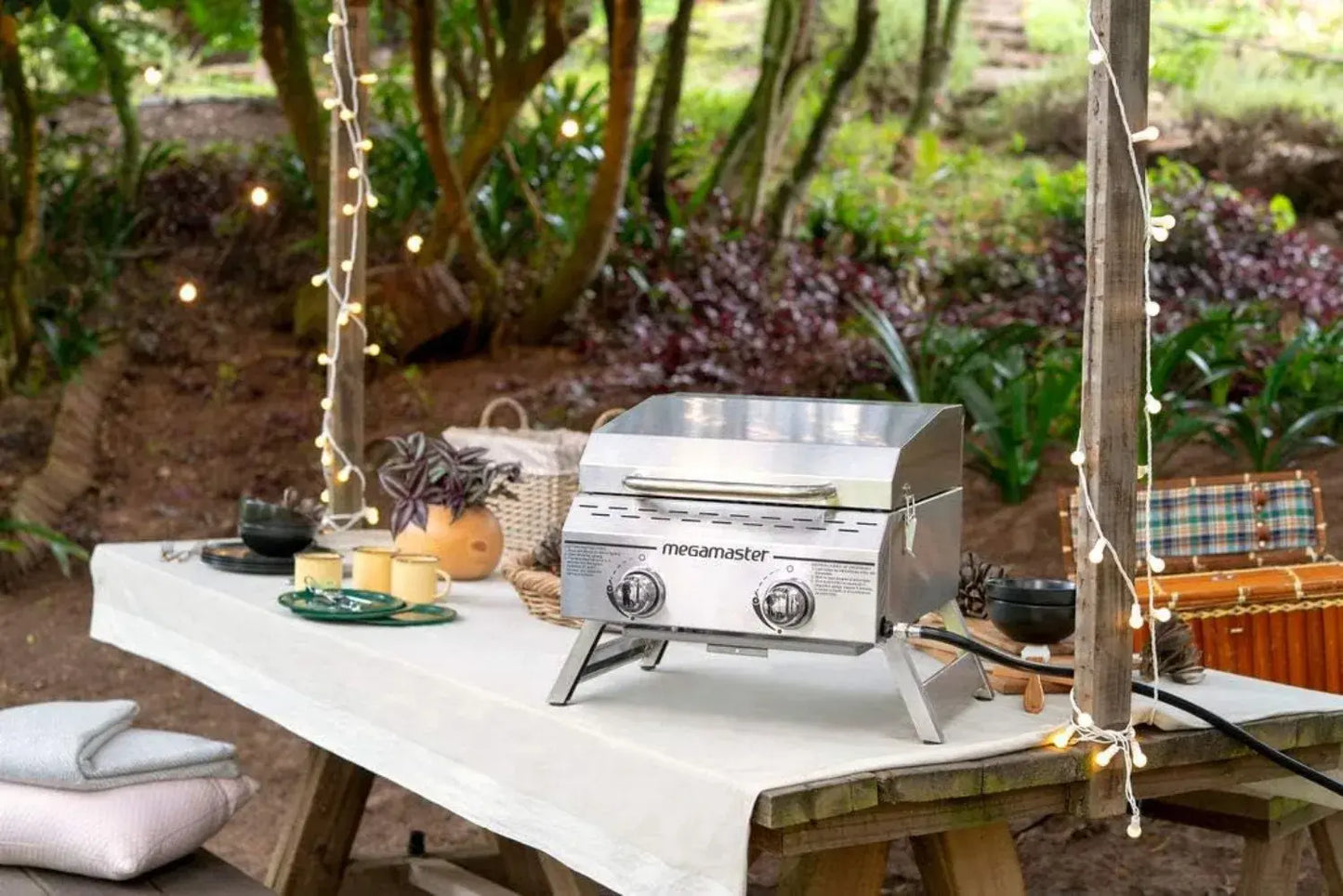 Premium Outdoor Cooking 2-Burner Grill, While Camping, Outdoor Kitchen, Patio Garden, Barbecue with Two Foldable legs, Silver