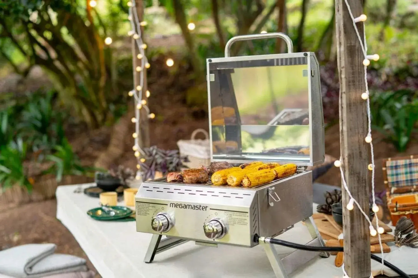 Premium Outdoor Cooking 2-Burner Grill, While Camping, Outdoor Kitchen, Patio Garden, Barbecue with Two Foldable legs, Silver