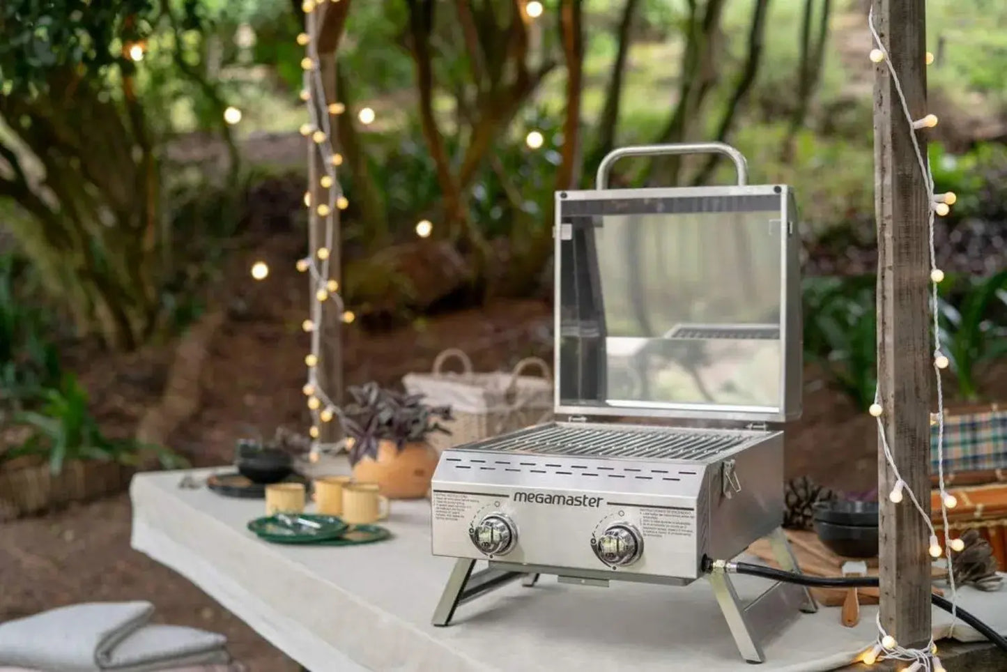 Premium Outdoor Cooking 2-Burner Grill, While Camping, Outdoor Kitchen, Patio Garden, Barbecue with Two Foldable legs, Silver