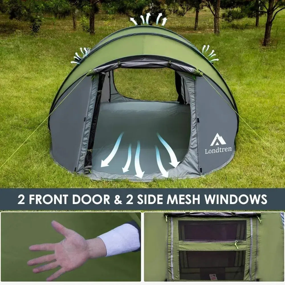 Tienda de campaña fácil de desplegar para 4 personas, configuración automática impermeable, 2 puertas, tiendas familiares instantáneas para acampar, senderismo y viajar