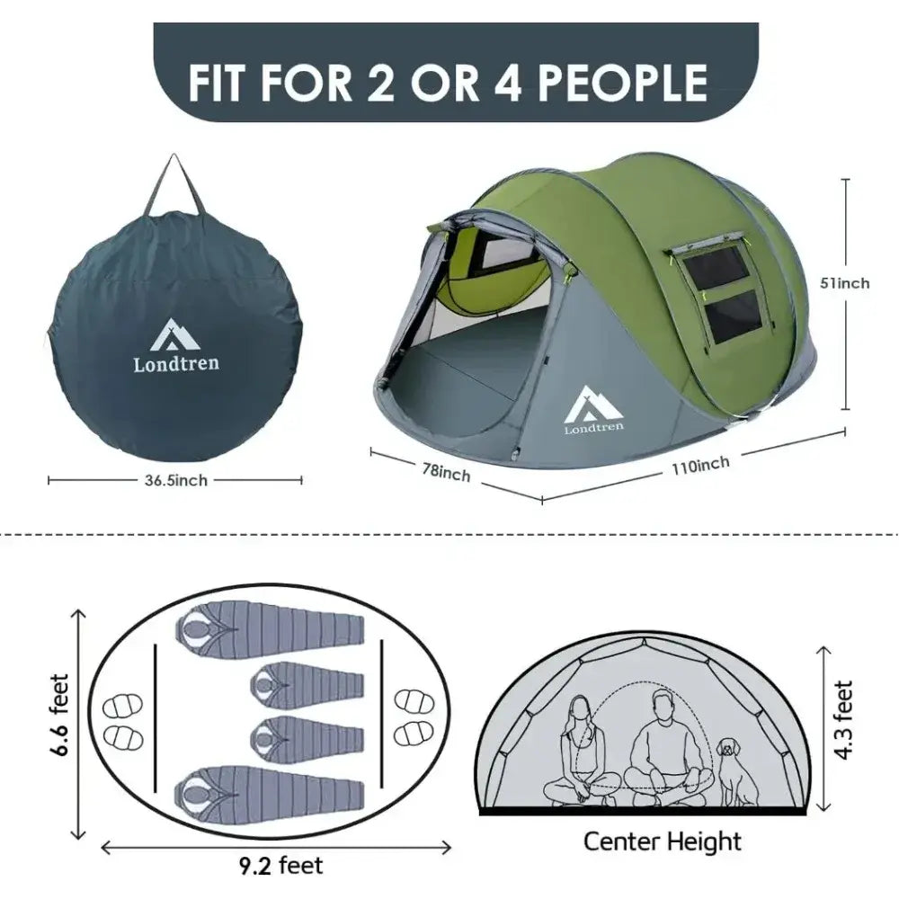 Tienda de campaña fácil de desplegar para 4 personas, configuración automática impermeable, 2 puertas, tiendas familiares instantáneas para acampar, senderismo y viajar