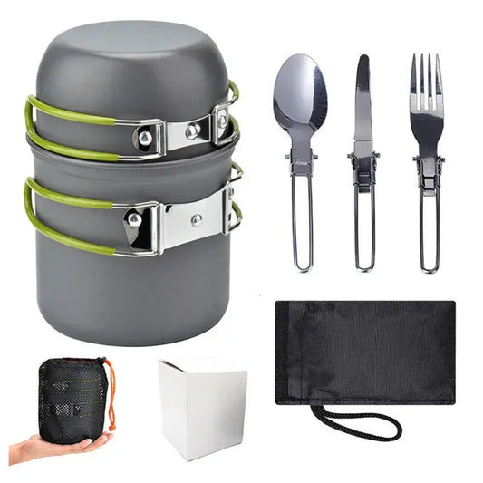 Juego de utensilios de cocina portátiles para acampar, olla para exteriores, Mini estufa de Gas, juego de cocina para Picnic, caminata natural, con cuchara plegable, tenedor y cuchillo
