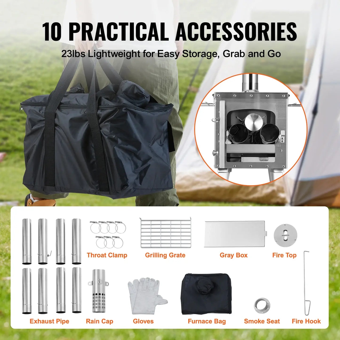 VEVOR Wood Stove 86 in Stainless Steel Camping Tent StovePortable Wood Burning Stove with Chimney Pipes & Gloves3000in³Firebox
