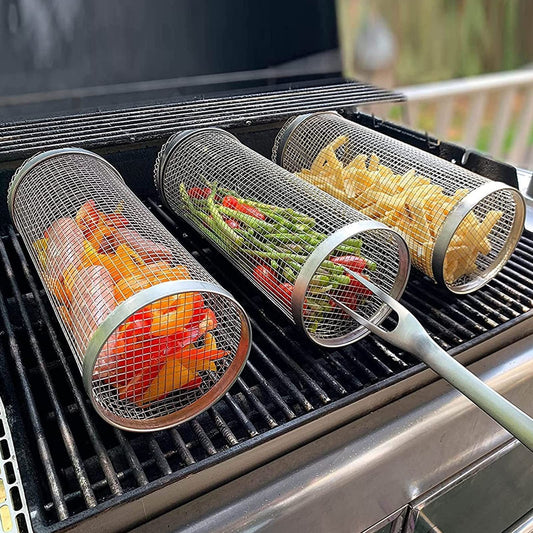 Rolling Grilling Basket Metal BBQ Barbecue Basket Net Portable Outdoor Camping Barbecue Rack