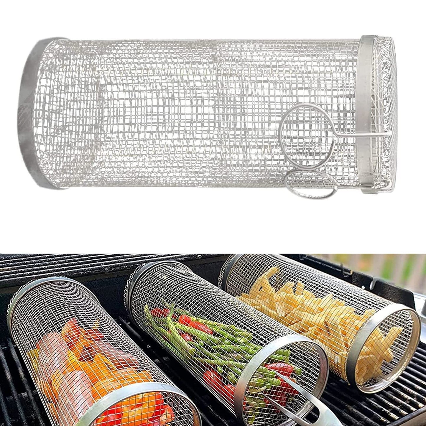 Rolling Grilling Basket Metal BBQ Barbecue Basket Net Portable Outdoor Camping Barbecue Rack