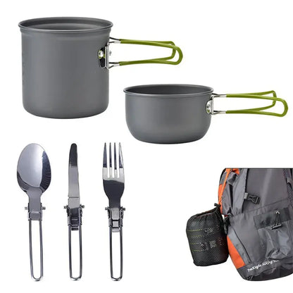 Juego de utensilios de cocina portátiles para acampar, olla para exteriores, Mini estufa de Gas, juego de cocina para Picnic, caminata natural, con cuchara plegable, tenedor y cuchillo 