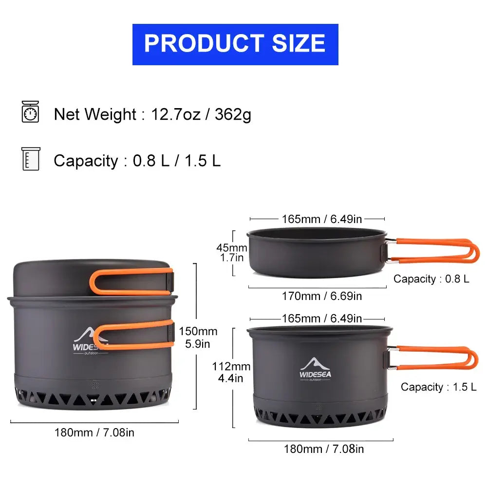 Widesea Camping 1.3L 2.3L Cookware Outdoor Cooking Set Heat Cooker Travel Tableware Pot Kettle Tourist Kitchen Utensil Equipment