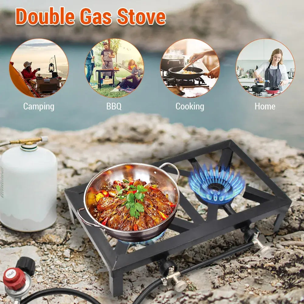 Camping Propane Gas Burner Double Cast Iron Stove Portable Multi-Function Stove for Outdoor Picnic Hiking BBQ Cooking