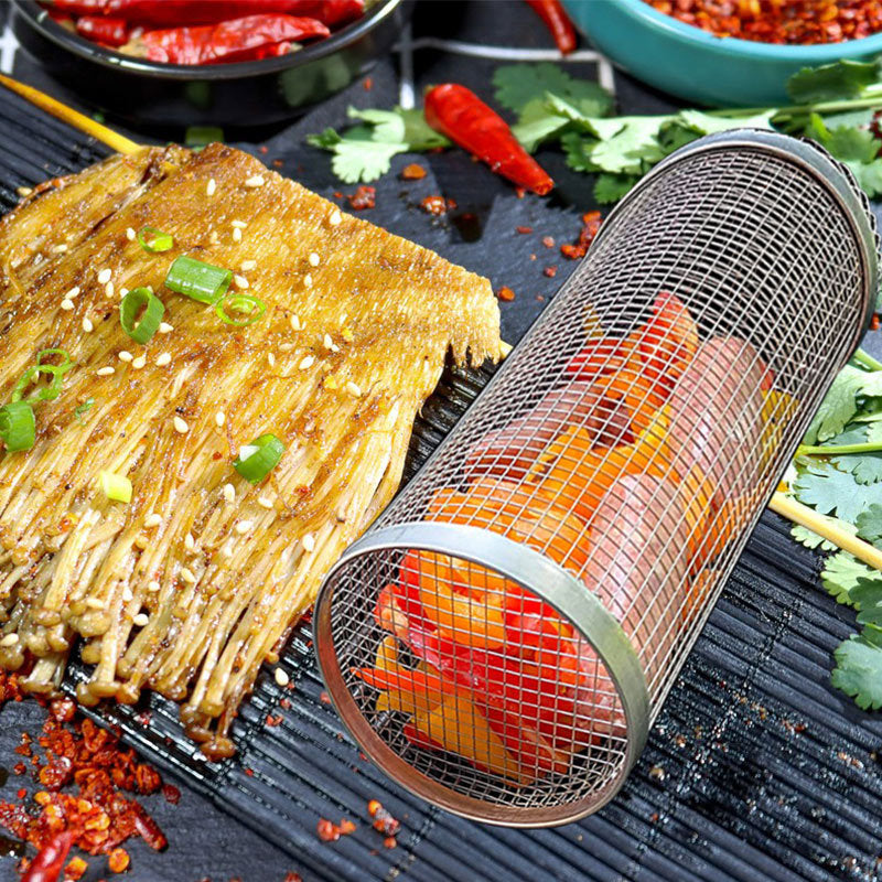 Rolling Grilling Basket Metal BBQ Barbecue Basket Net Portable Outdoor Camping Barbecue Rack