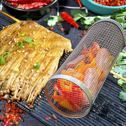 Rolling Grilling Basket Metal BBQ Barbecue Basket Net Portable Outdoor Camping Barbecue Rack