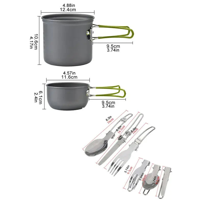 Juego de utensilios de cocina portátiles para acampar, olla para exteriores, Mini estufa de Gas, juego de cocina para Picnic, caminata natural, con cuchara plegable, tenedor y cuchillo 